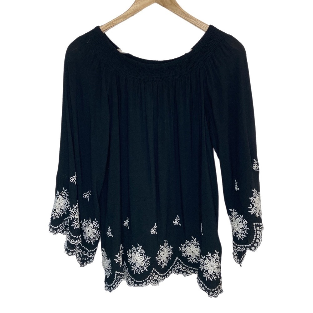 Bobeau 3/4 sleeve smocked neck black peasant blouse with embroidery